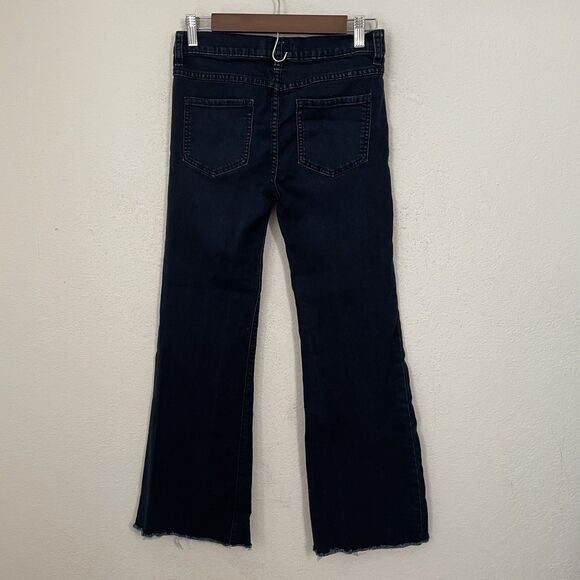 Free People Wide Leg Jeans Flare Size 27 Dark Wash Blue Raw Hem Mid Rise Stretch - Picture 2 of 8